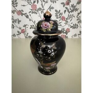 Vintage MCO Japan Black‎ Ginger Jar 7" Chinoiserie Bird Floral Vase